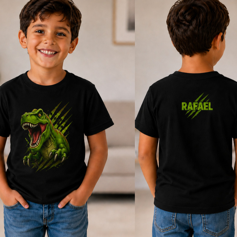 Camiseta Dinossauro Infantil Personalizada Nome nas Costas Super Confortável Algodão Qualidade Premium