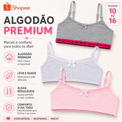 Top Sutiã Juvenil Menina Algodão com Elastano Alça Regulável Confortável Tamanhos 10 a 16