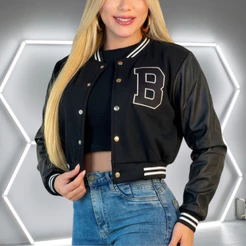 Jaqueta Feminina Bomber Varsity Colegial Moletom Manga Longa Couro Fake Casaco Moda Gringa Blogueira Americana Inverno