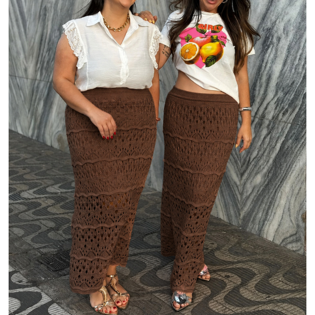 Saia Longa Feminina Tricot Ponto Crochê Confortavél Estilosa Tendência WM Malhas Moda Plus Size