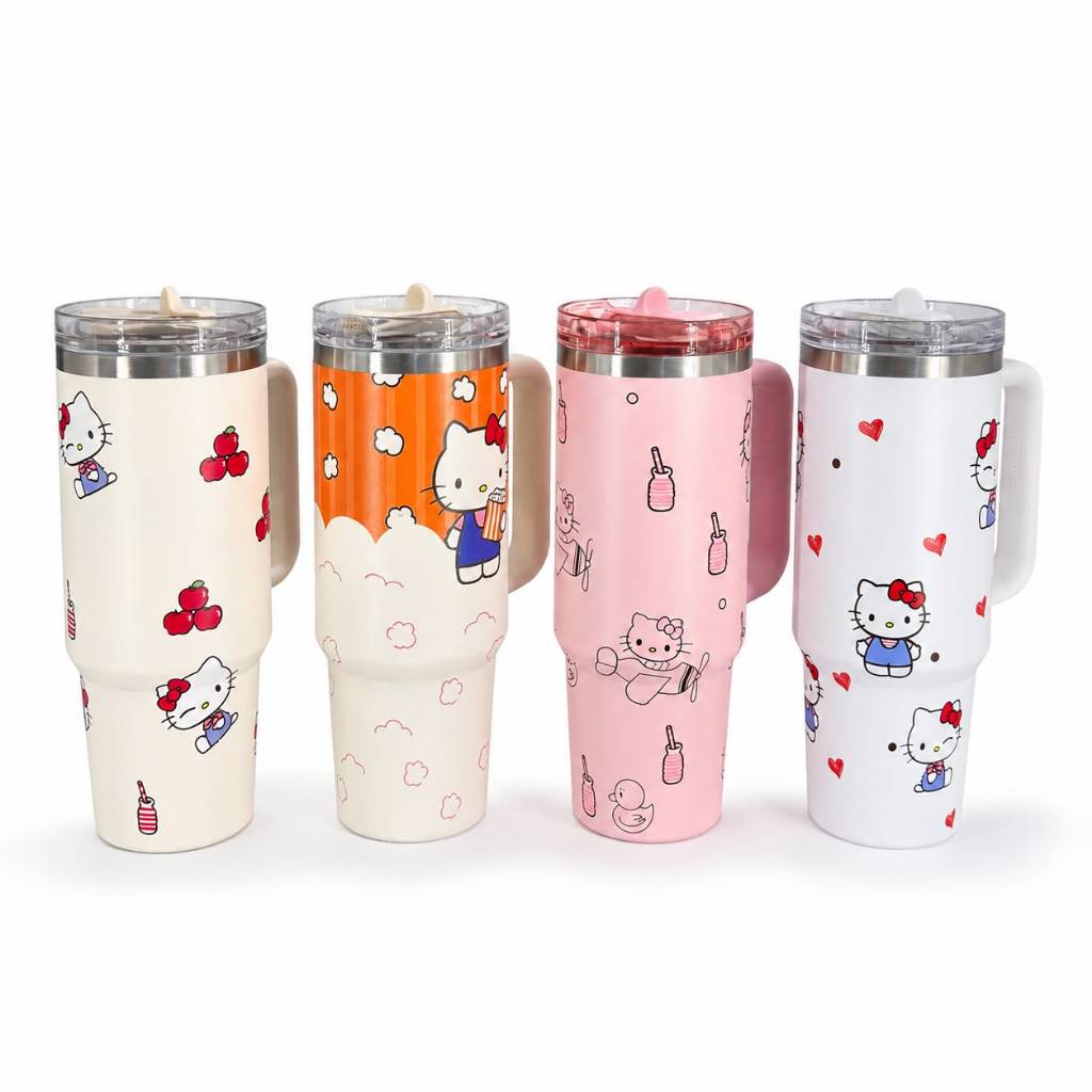 Copo Garrafa Térmico Inox Desenho Gatinha Fofa Com Tampa Alça e Canudo 900ML Grande Capacidade