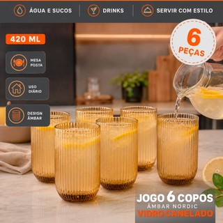 Jogo 6 Copos De Vidro Canelado Âmbar Nordic 420ml Para Suco Drinks Agua Mesa Posta