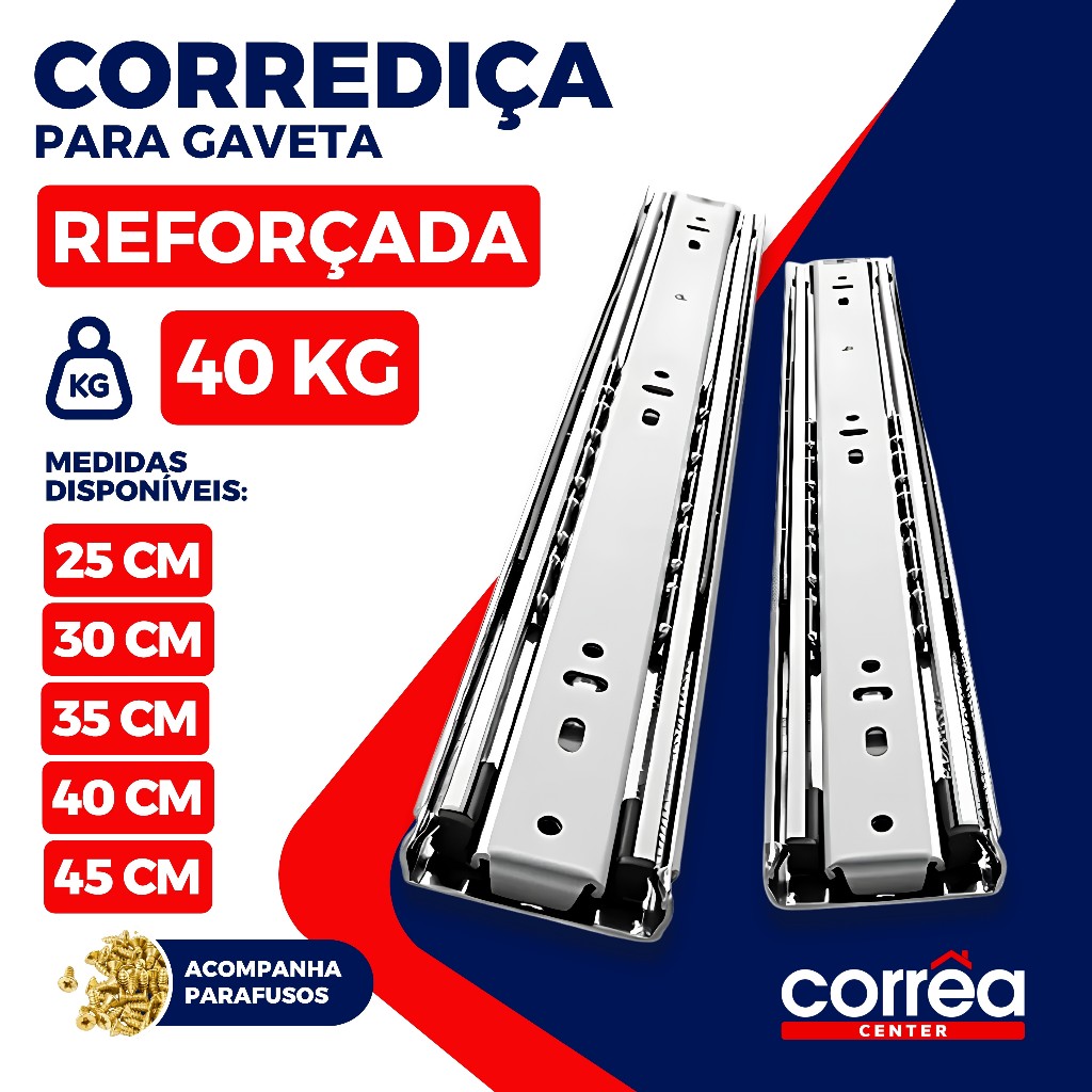 Corrediça Telescópica REFORÇADA 40KG Trilho Gaveta Aço 25 30 35 40 45cm Armário Cozinha Móveis