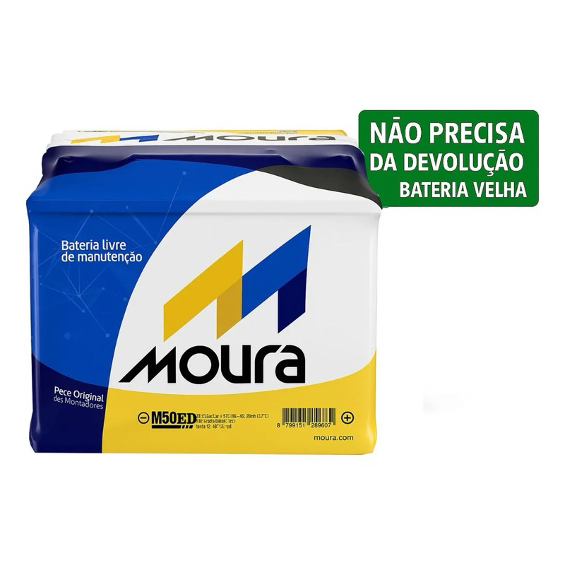 Moura 12V 50AH (Caixa Alta) - Padrão Original Ônix Manual, Toyota Etios - 24 Meses de Garantia