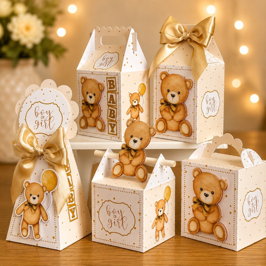Kit Festa Caixinhas Personalizadas - Lembrancinhas (PEGUE E MONTE) CHÁ REVELAÇÃO URSINHO NEUTRO