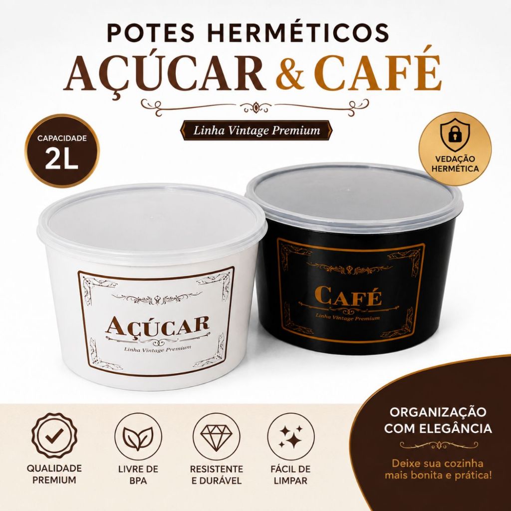 Kit 2 Potes 2 L (Café + Açúcar ) Tampa transparente Cozinha ,organizador, mantimento ,decorado