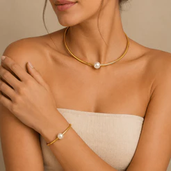 Choker + Pulseira + Brincos Perolas - Dourado e Prata