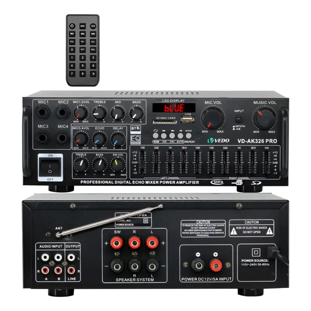 VEDO AK326PRO Hifi Amplificador 2.1 Estéreo 300W RMS Com Bluetooth EQ Controle Remoto Para Sub Pega 4 microfones Bivolt