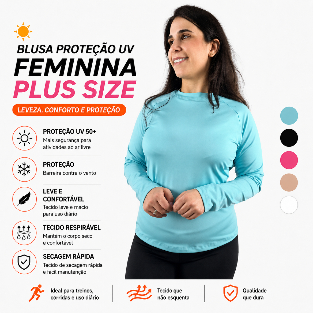 Camisa PLUS SIZE Feminina Proteção Solar Uv+50 Segunda Pele Térmica Longa Moda Praia Promoção Blusa