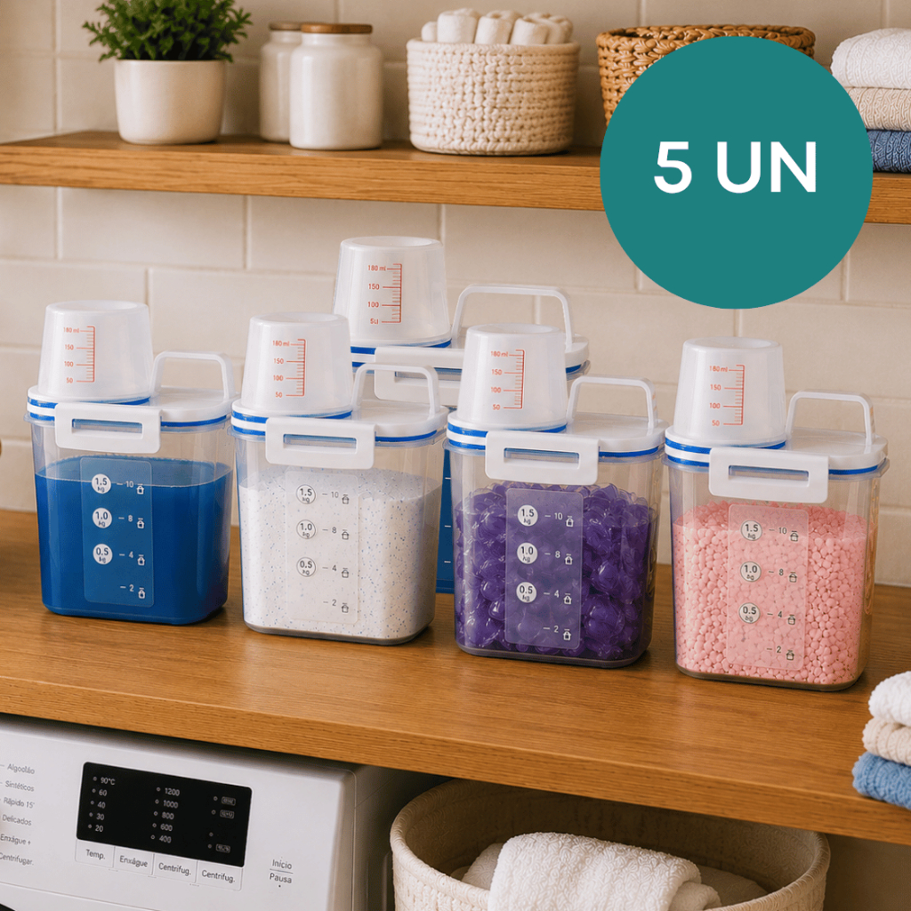 Kit 5 Potes Hermético 1,5 L C/ Bico Dosador Porta Sabão em Pó/ Sabão Líquido/ Amaciante Compacto Lavanderia Organizador
