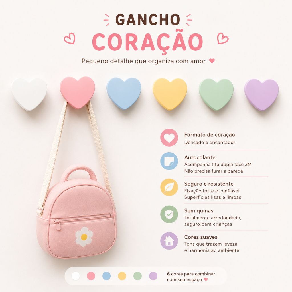 Gancho Infantil Adesivo Coração Fita 3M Sem Furar Parede Quarto Infantil