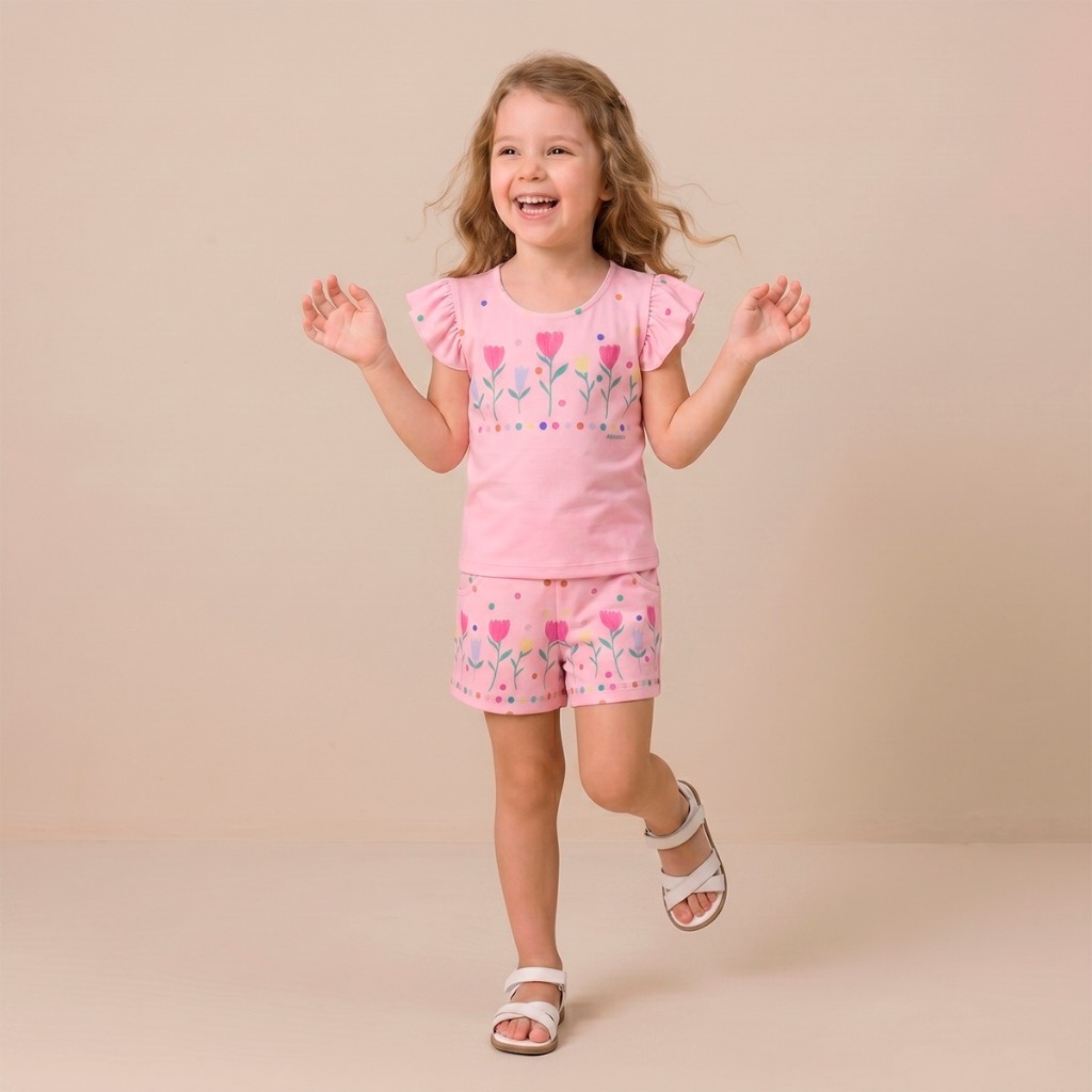 Conjunto Infantil Feminino Rosas Blusa Manga Babadinho Shorts Estampado Tamanhos 2 ao 8 Anos
