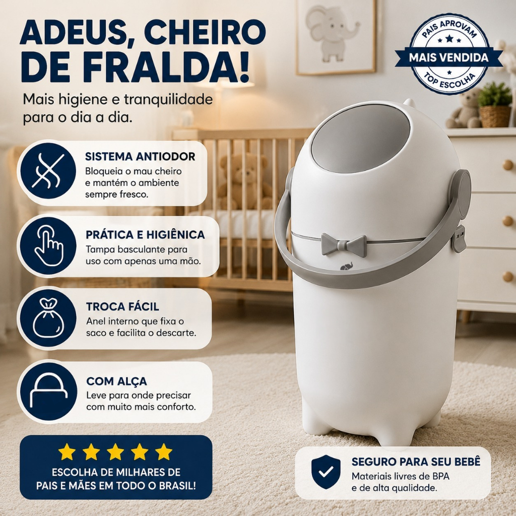 Lixeira para Fralda de Bebê Antiodor Vedação de Cheiro Lixo Mágico Infantil Até 15kg Pipdip