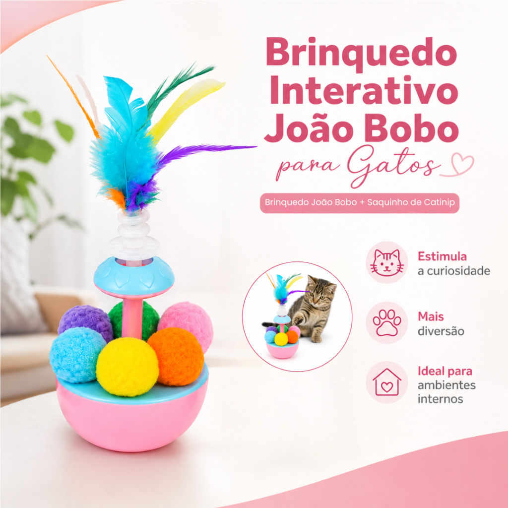 Brinquedo Interativo João Bobo para Gatos com Pena e Catnip Pet Antiestresse