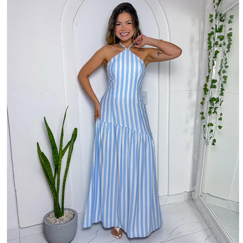 Vestido Longo Feminino Frente Única Listrado – Elegância que Encanta!