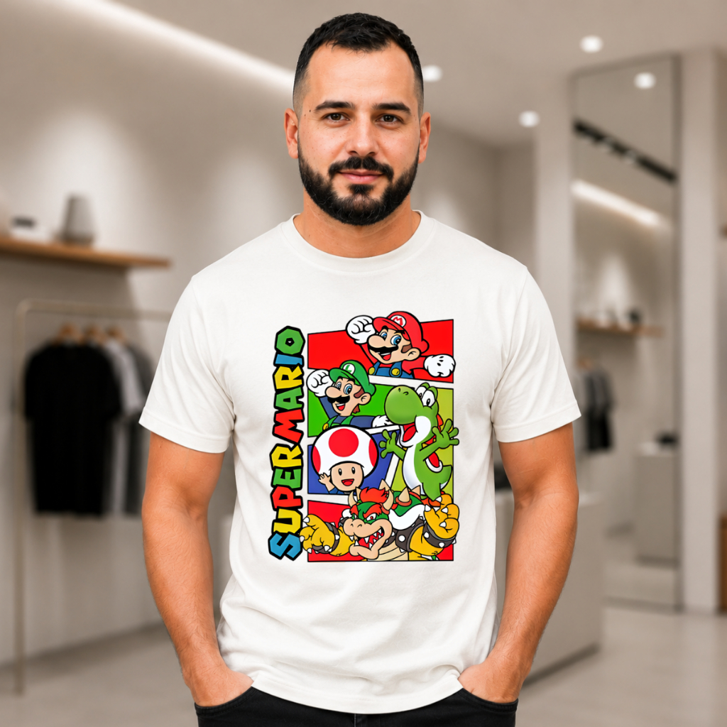 Camiseta Adulto Unissex Super Mario Bros 100% Algodão Camisa Personagem Gamer Mario Luigi Yoshi