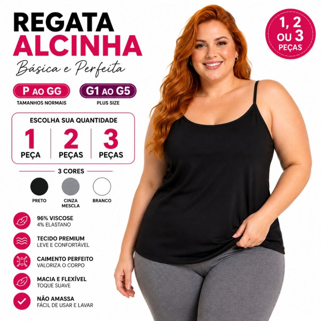 Regata Feminina Alcinha 1 2 ou 3 Peças P ao GG e G1 ao G5 Plus Size Viscose com Elastano