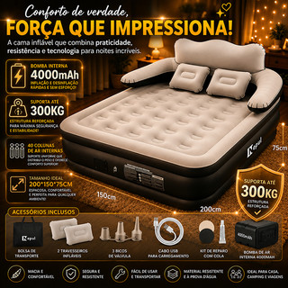 Nepul Colchão Inflável Queen com Encosto e Bomba Elétrica Embutida 200x150x75cm 4000mah
