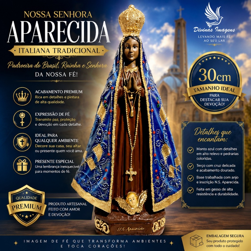 Nossa Senhora Aparecida Italiana 30cm em Gesso Premium Pintado– Elegância, Fé e Acabamento Impecável