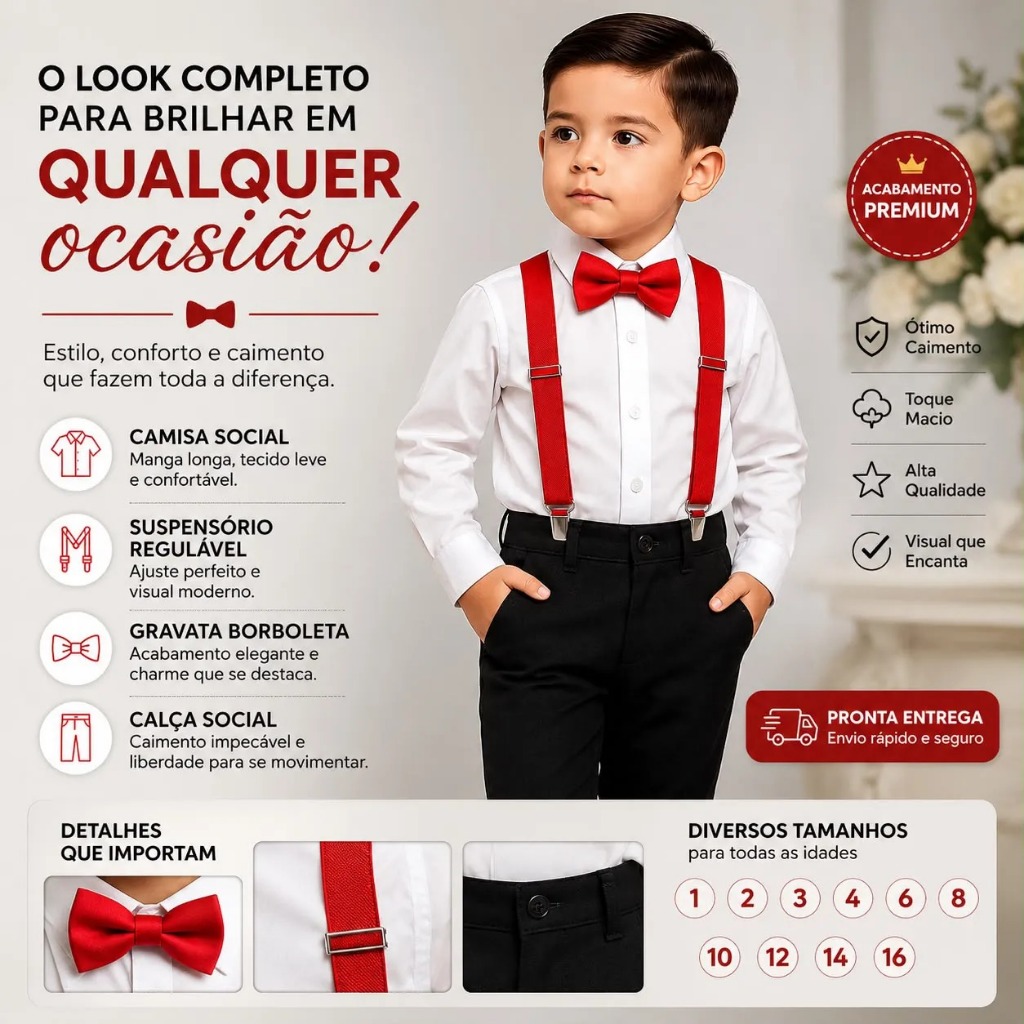Calça Preta e Camisa com Gravata e Suspensório Vermelho Infantil — imagem 2 de 2