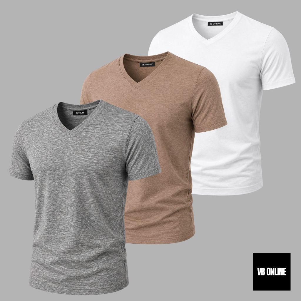 VB ONLINE Kit 3 Camisetas Masculinas Slim Fit Gola V Meia Malha Básica Casual do M ao G1