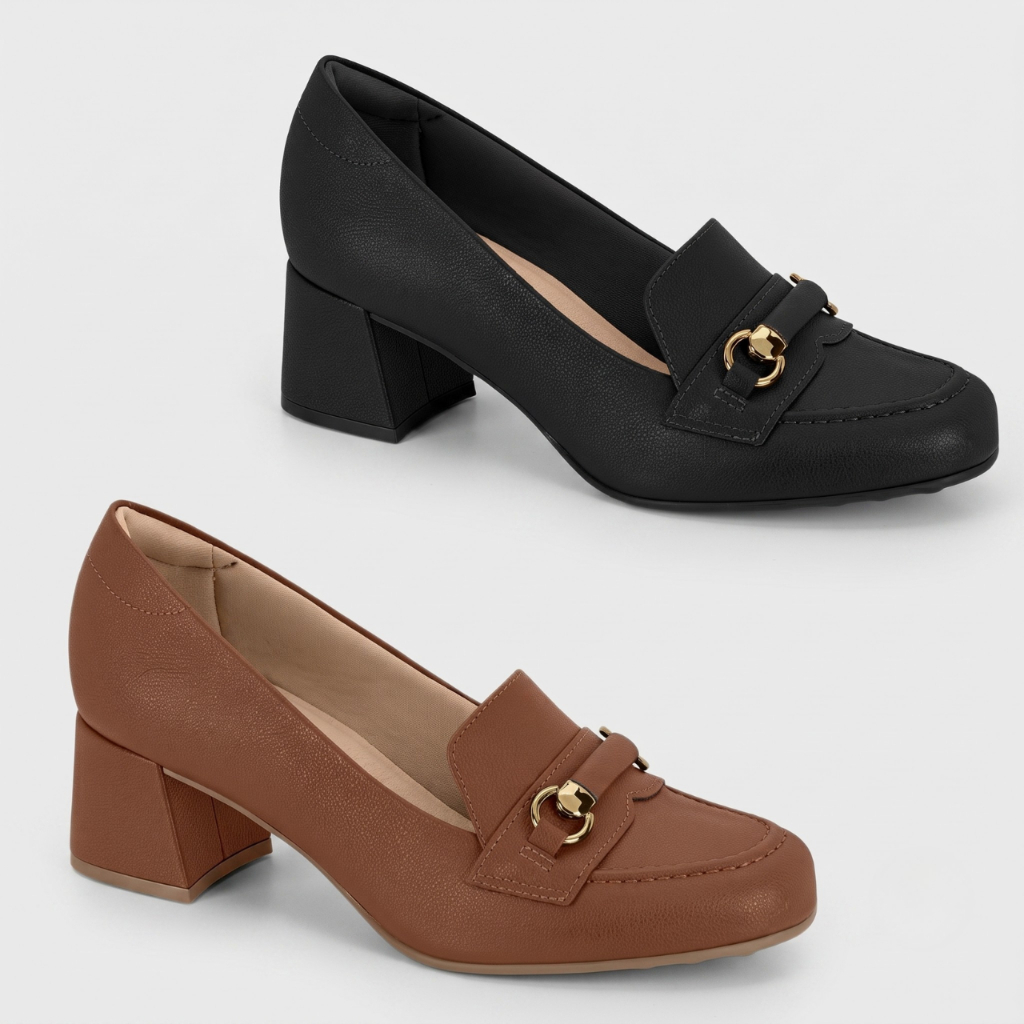 Sapato Scarpin Modare Feminino Salto Bloco Detalhe Fivela Dourada Social Ultraconforto