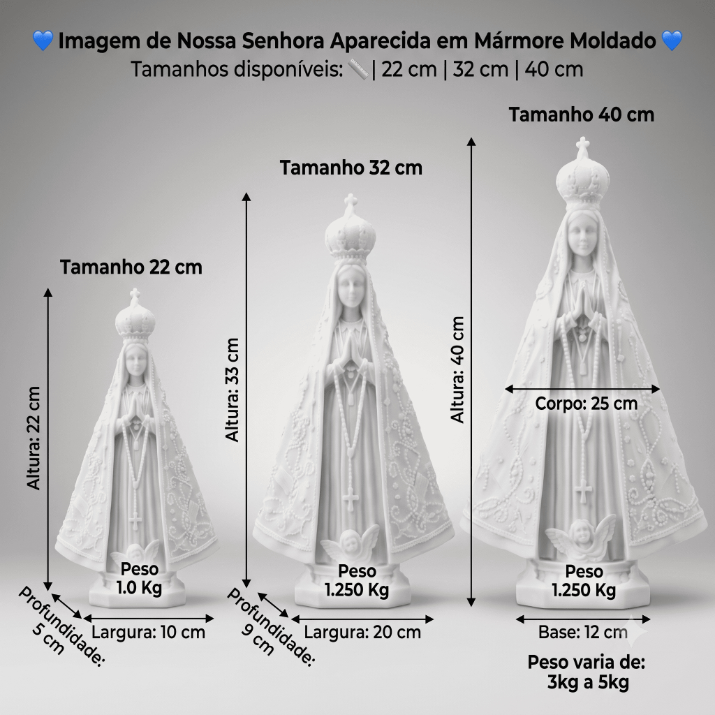 Imagem  Nossa Senhora de Aparecida Mármore Estilo Italiano 22, 32, 40 cm