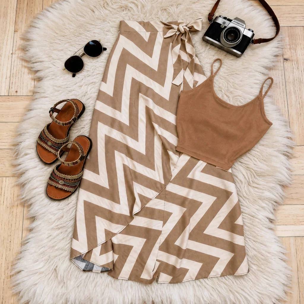 Conjunto Saia e Cropped Top Alcinha Verão/ SAIA Pareo Transpassada Listrada Elegante Moda Blogueira 2622.2511