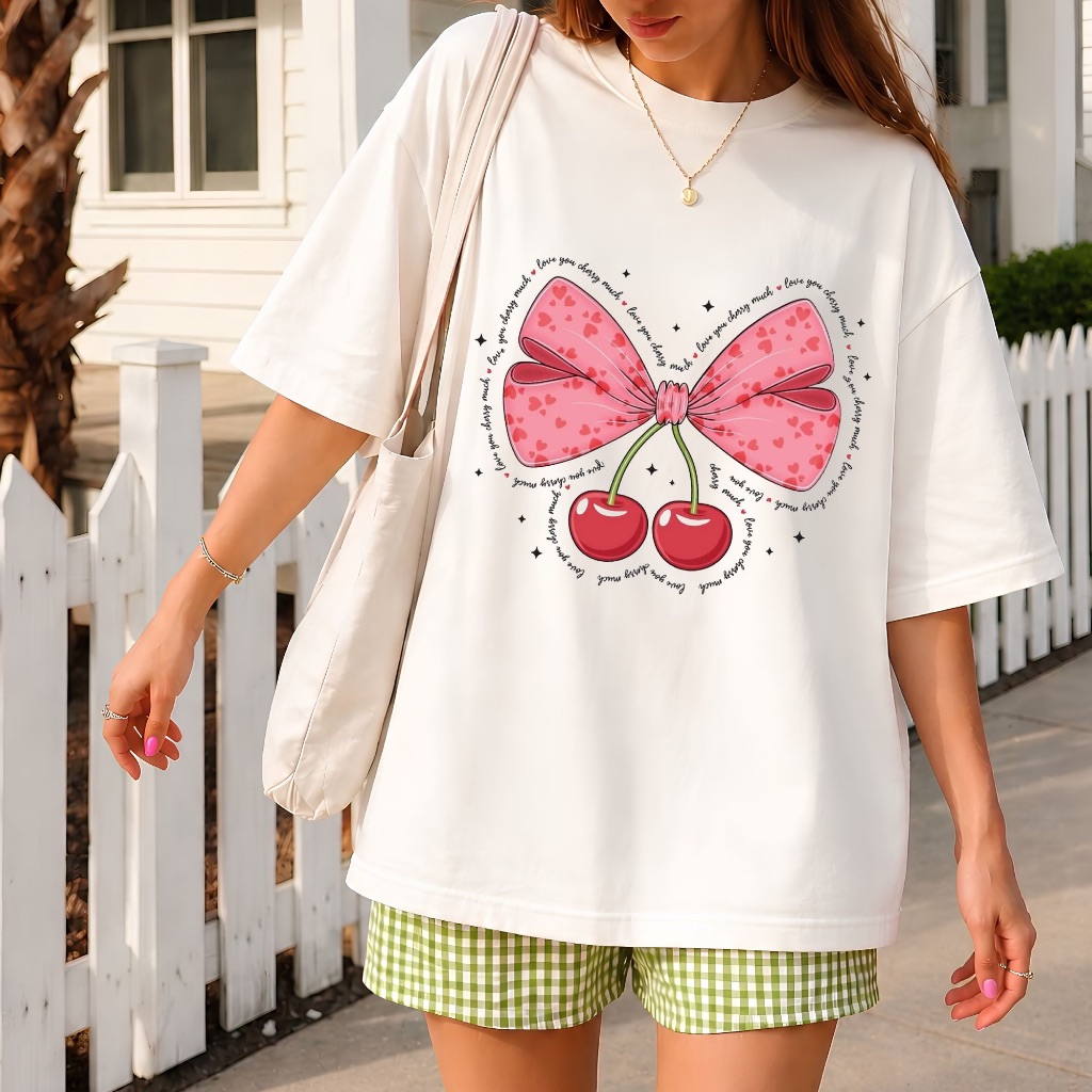 Camiseta Oversized Feminina Cherry Club 100% Algodão Estampada Premium Streetwear Moda Casual Aesthetic Confortável Tend