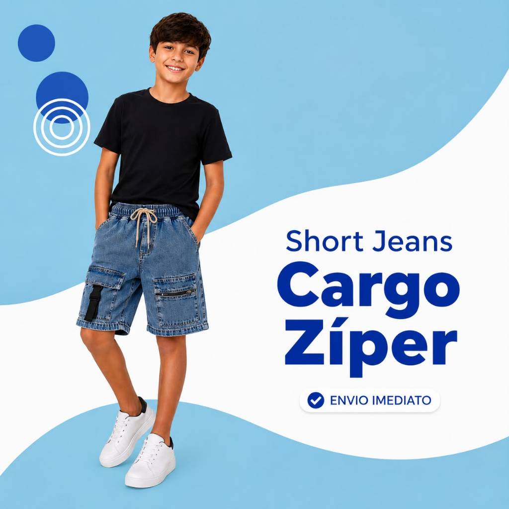 Short Jeans Cargo Infantil Masculino Com Bolsos Zíper Black Marmorizado para meninos do 2 ao 16 anos streetwear skatista