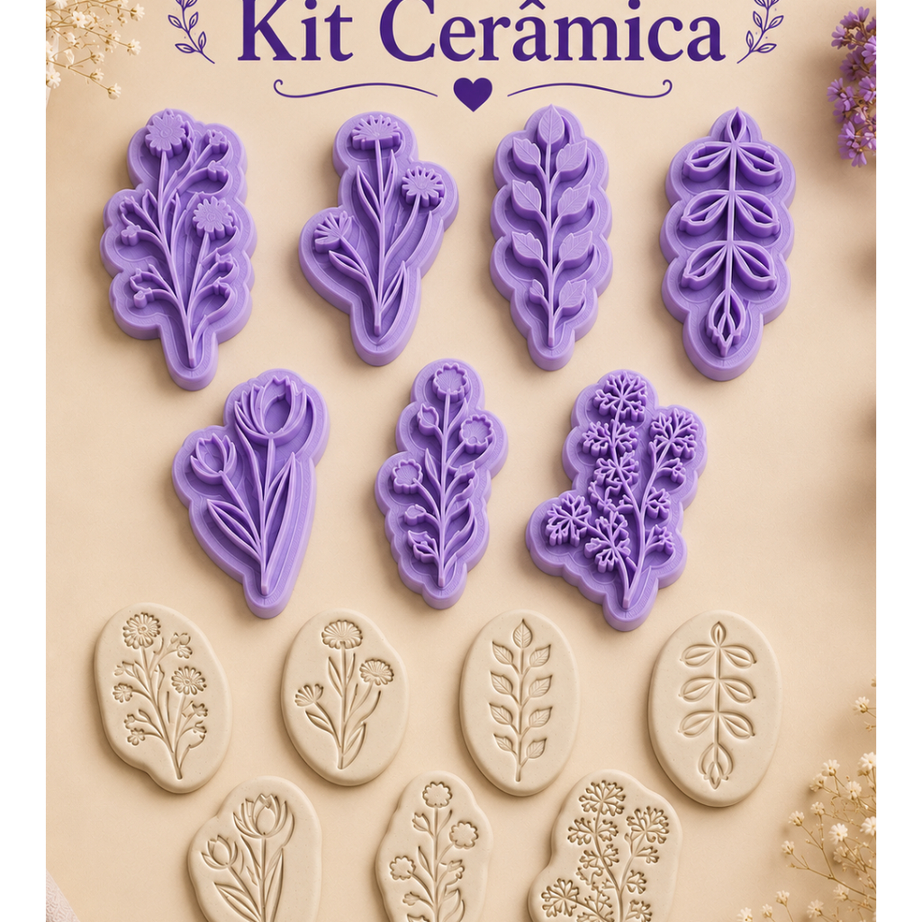 Kit 7 Carimbos Florais 3D para Cerâmica Artesanato Argila  Peças Flores Folhas Tulipa