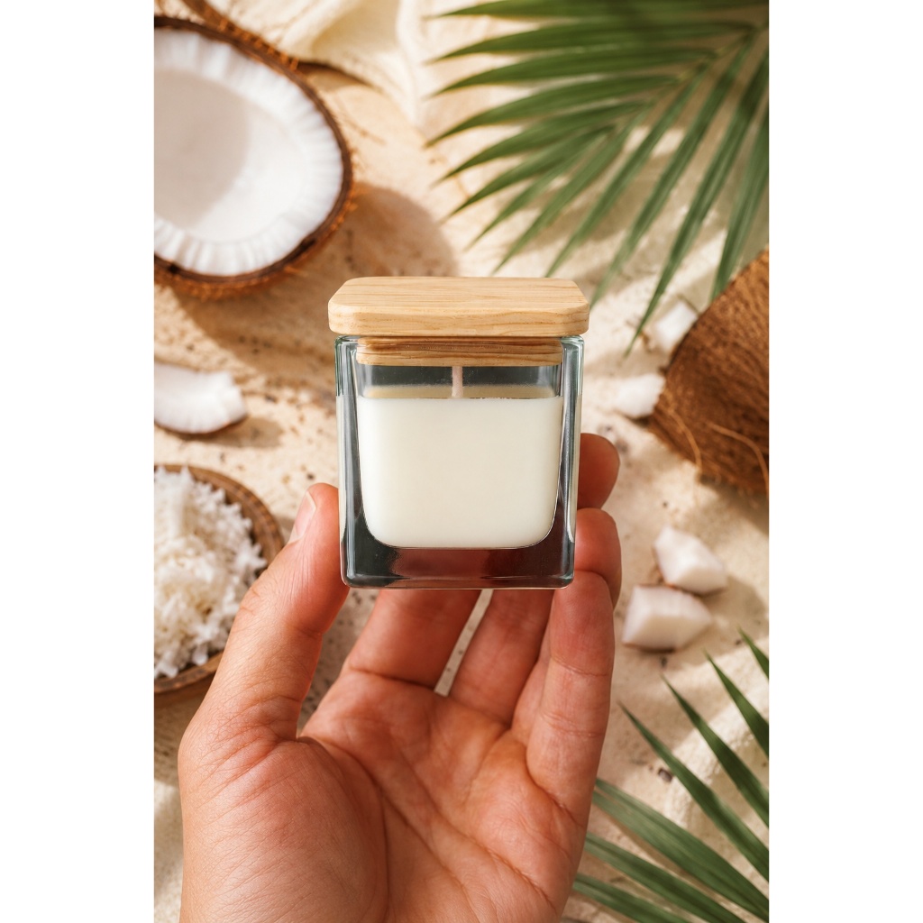 Imagem Vela Aromática no pote de 70 ml Quadrado p/ Lembrancinhas Brindes Batizados 100% Cêra de Côco