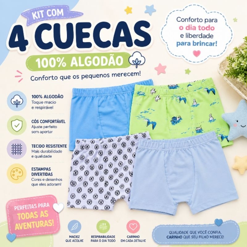 Kit 4 Cuecas Infantil Menino 100% Algodão Confortáveis Macias Estampas Sortidas Forro Algodão Premium