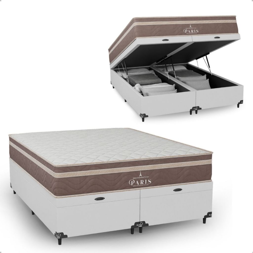 Cama Box Baú Queen Bipartido Couro Branco + Colchão Paris Molas Ensacadas Marrom - e-Shop Casa