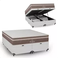 Cama Box Baú Queen Bipartido Couro Branco + Colchão Paris Molas Ensacadas Marrom - e-Shop Casa