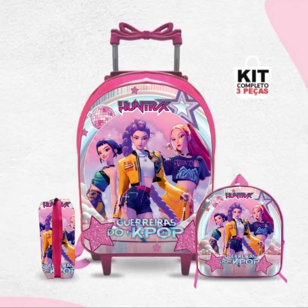 Kit Mochila Huntrx Guerreira kpop Escolar Carrinho e de Costa Lancheira+ Estojo Infantil Reforçada Menina