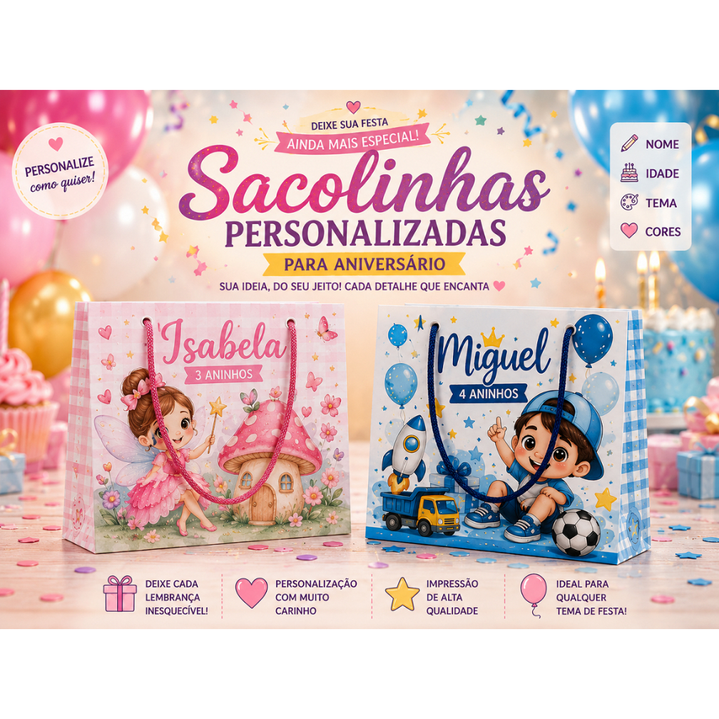10 Sacolinhas Personalizadas Escolha seu tema / Lembrancinha Festa Infantil / Sacola Surpresa
