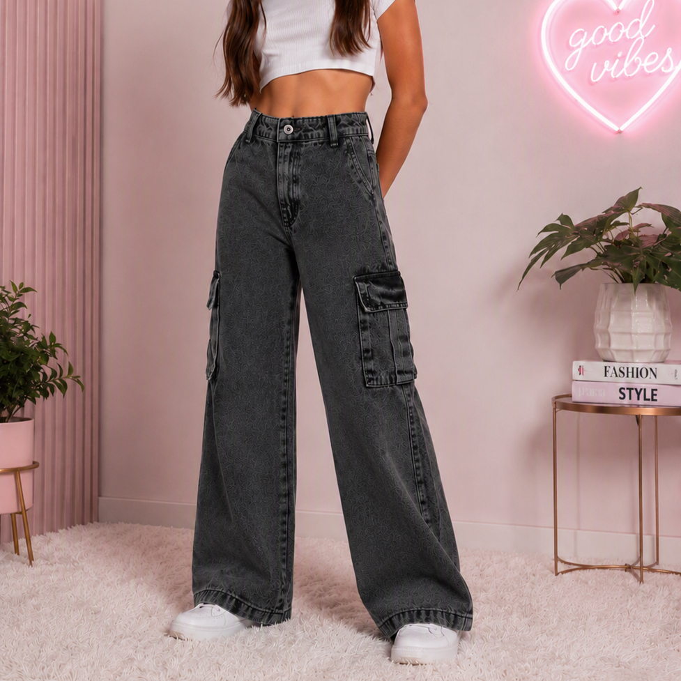 Calça Cargo Jeans Wide Leg Juvenil Menina Cinza Marmorizada Cintura Alta