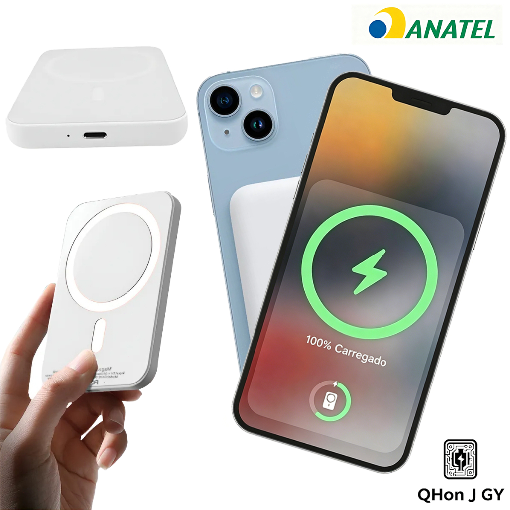 Carregador Portátil Indução para iPhone/Android Power Bank Magnético Magsafe 5000mAh