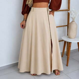 Saia Longa Alfaiataria Bela Fenda  Feminina Cintura Alta Social com Bolso Ziper Lateral Godê  Evase Elegante P081