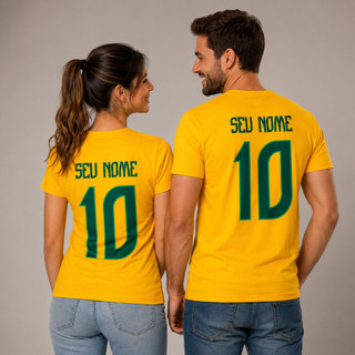 Kit Camiseta Casal Brasil Nome Personalizado 100% Algodão Estampada Copa do Mundo Camiseta Eleições Direita