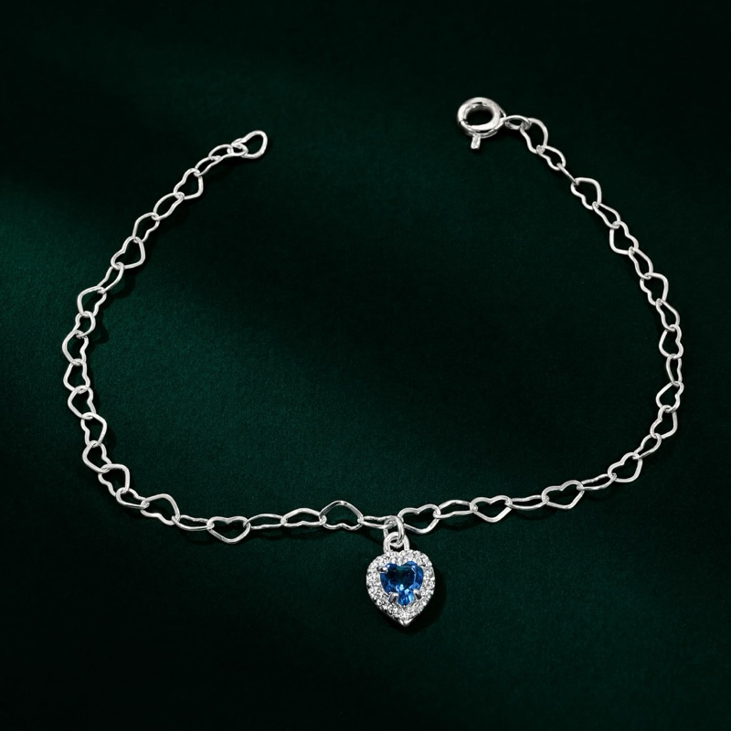 Pulseira Feminina Prata 925 Elos de Corações Coração Azul Escuro Cravejado