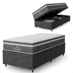 Cama Box Baú Solteiro Cinza + Colchão Paris Molas Cinza