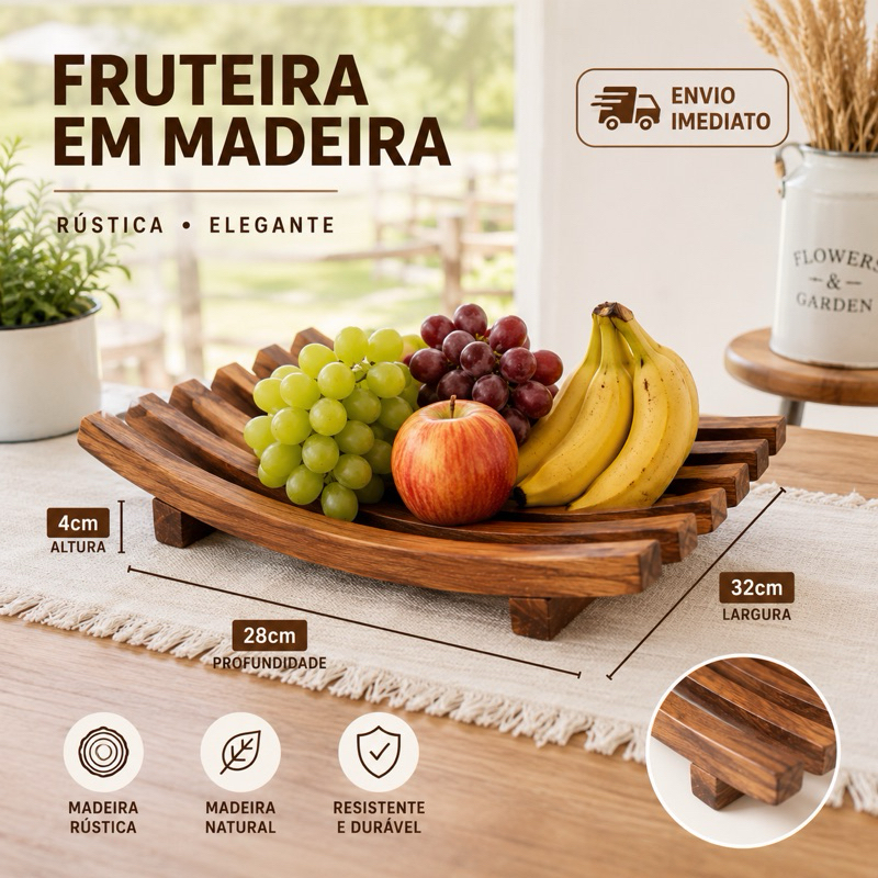 Fruteira De Madeira Rústica 32x28 Centro de Mesa Madeira Pinos Cesta de Frutas ou Porta Pratos
