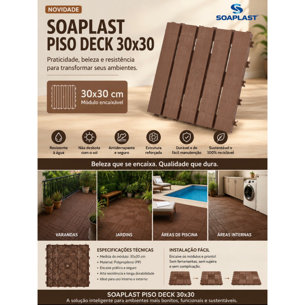 KIT 90 DECK MODULAR ANTIDERRAPANTE TEXTURA IMITA MADEIRA PLASTICO 30x30 VARANDA PISCINA JARDIM