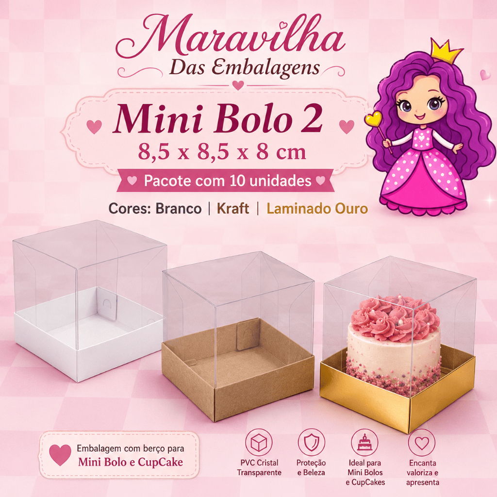 Embalagem com berço para Mini Bolo n°2 em papel cartão Branco | Kraft | Ouro - 8,5x8,5x8 cm - Pacote com 10 unidades