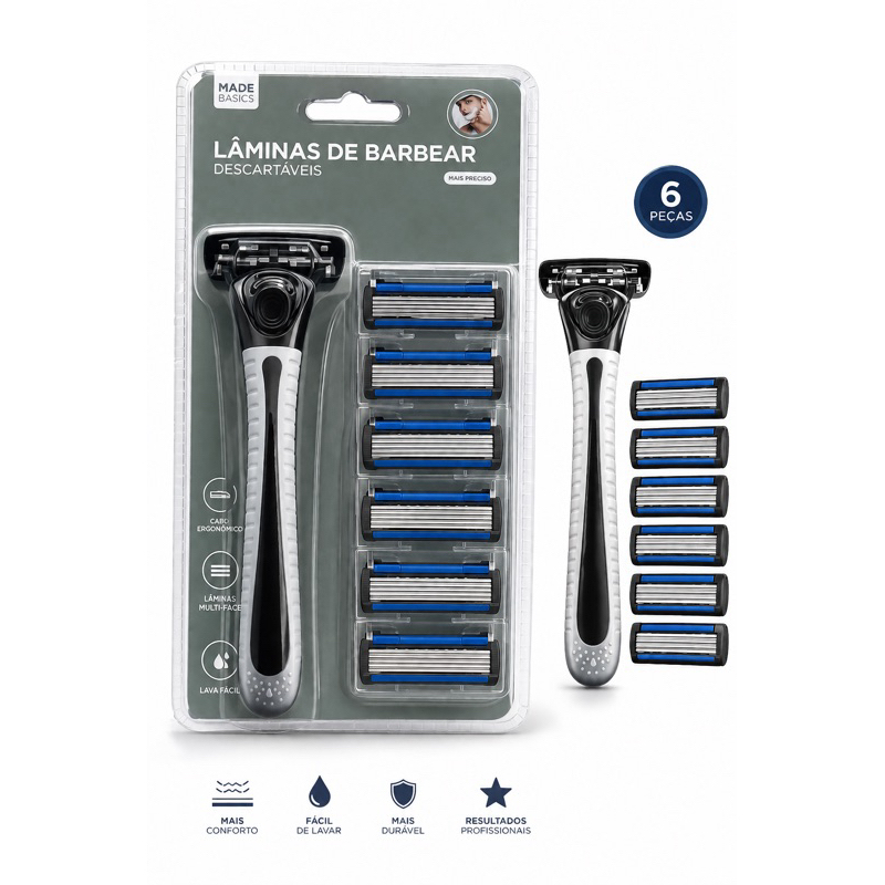Aparelho de barbear com 6 lâminas e 6 cartucho ideal para barba masculina e depilação feminina!