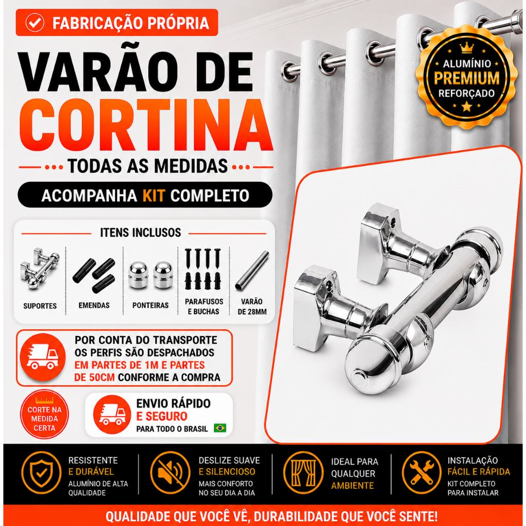 Varão de Cortina 28mm Grosso Cromado Alumínio Anti-Ferrugem Kit Completo com Suporte Várias Medidas