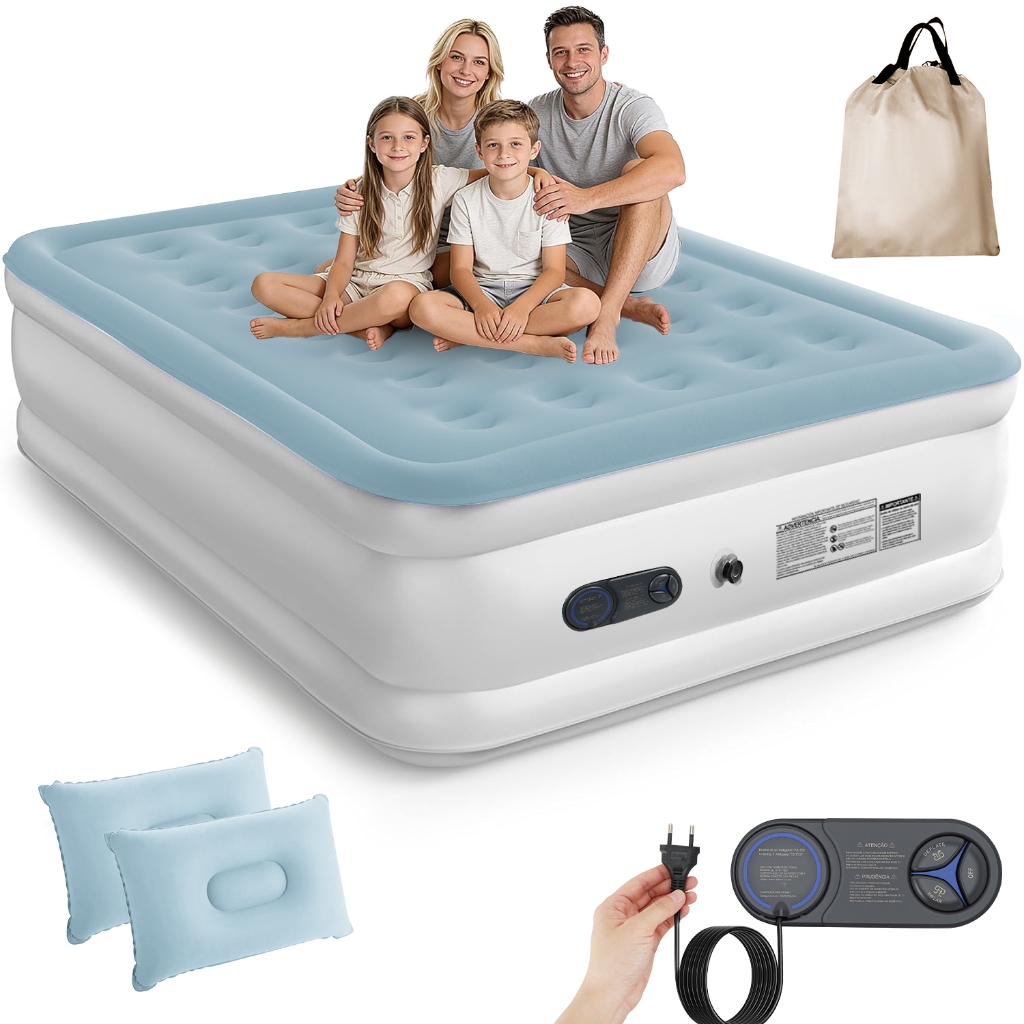 Colchão Inflável Queen Casal 200x152x45cm Azul Suporta 300kg Com 2 Travesseiros e Kit Reparo