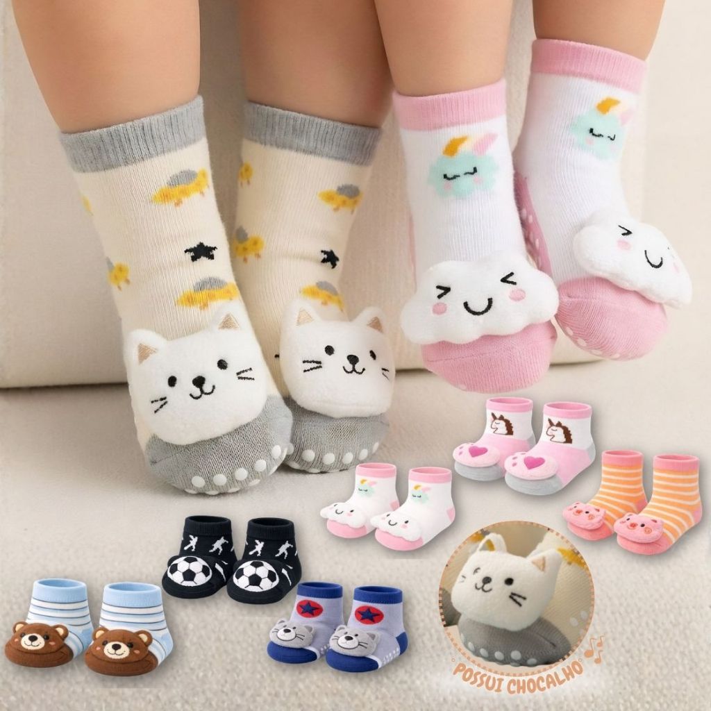 Kit 9, 6 ou 3 Pares de Meias para Bebê Menino ou Menina com Chocalho e Pelúcia Antiderrapante Macia e Confortável 0-24 M